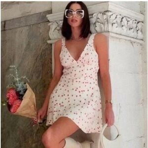 Zara Women's Deep V Neck Cherry Print Satin Mini Dress bloggers favourite medium